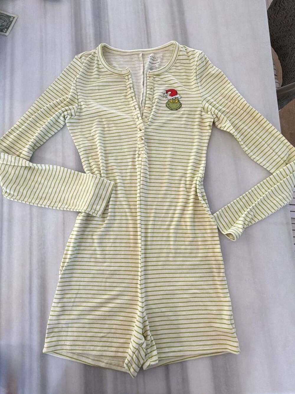 American Eagle AE Lounge Grinch Striped Long Sleeve Henley Romper